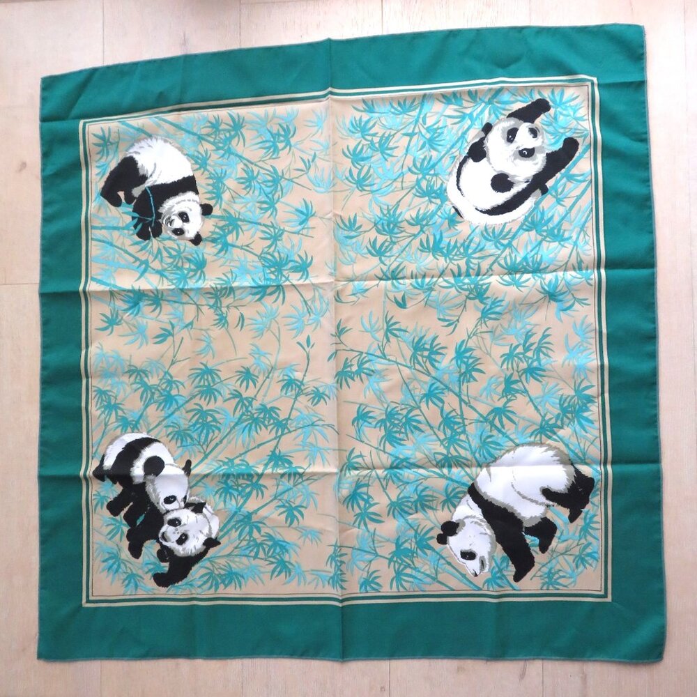 Vintage Teal Green Beige Panda Print Scarf 100% Polyester Made in England